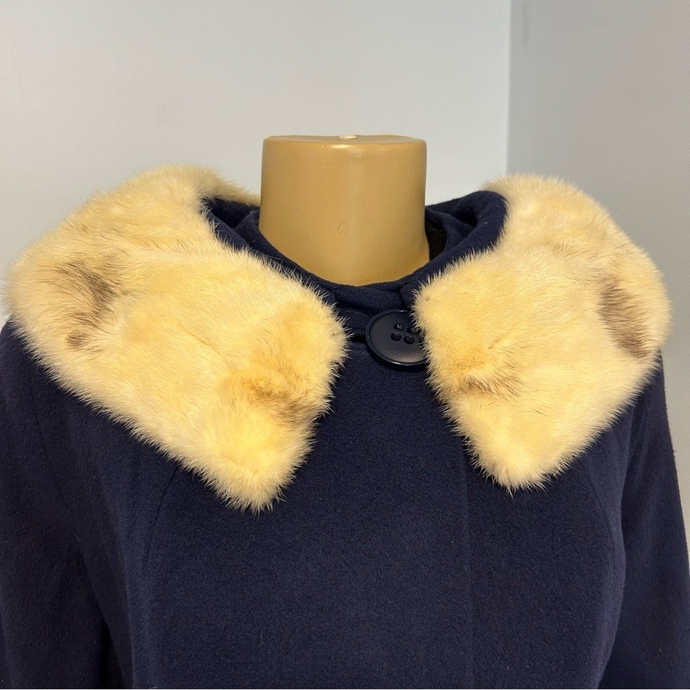Vintage Hombergers Atlantic City‎ Navy Blue 100% Cashmere Mink Fur Collar Coat - Picture 3 of 9